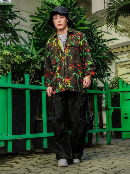 House Of Koala Black Abstract Printed Drop-Shoulder Relaxed Fit Shirt Zipper Shirt