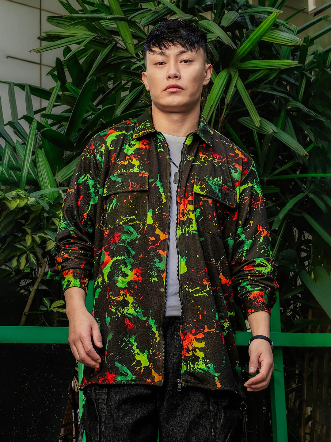 House Of Koala Black Abstract Printed Drop-Shoulder Relaxed Fit Shirt Zipper Shirt