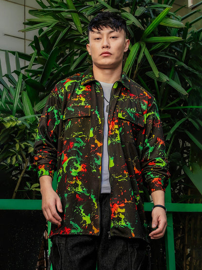 House Of Koala Black Abstract Printed Drop-Shoulder Relaxed Fit Shirt Zipper Shirt