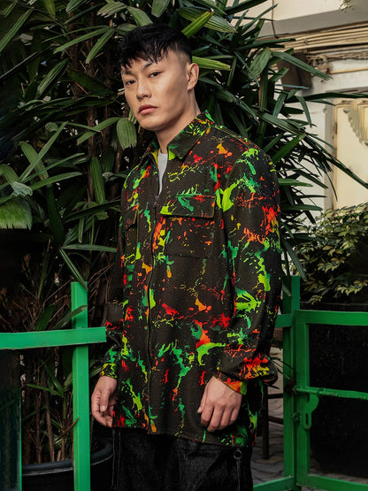 House Of Koala Black Abstract Printed Drop-Shoulder Relaxed Fit Shirt Zipper Shirt