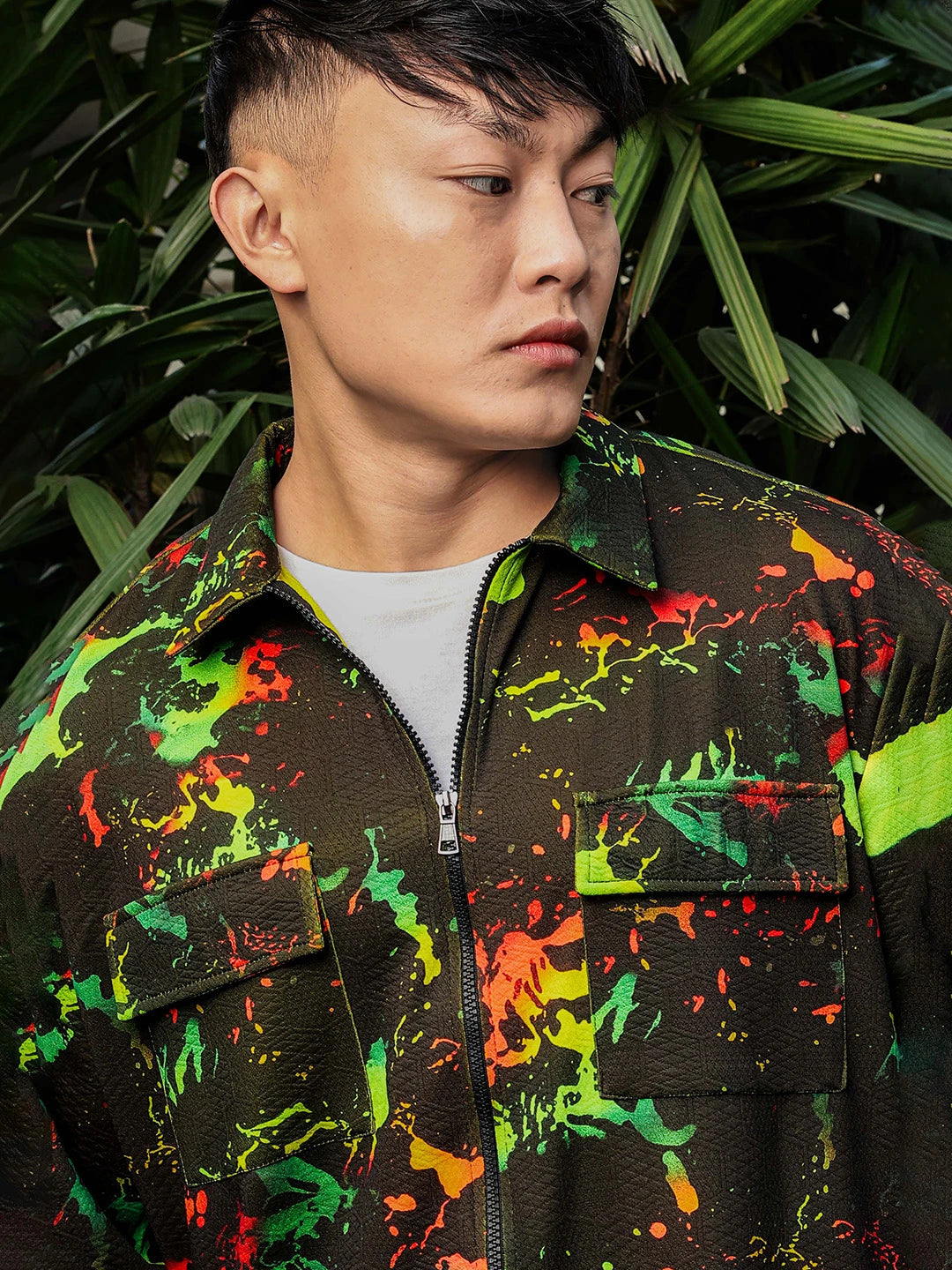 House Of Koala Black Abstract Printed Drop-Shoulder Relaxed Fit Shirt Zipper Shirt