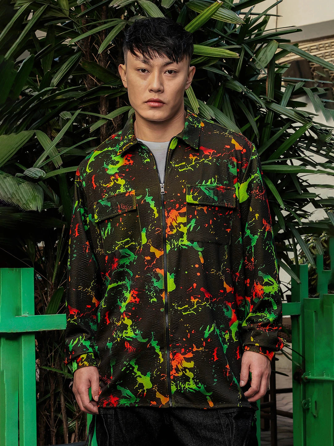House Of Koala Black Abstract Printed Drop-Shoulder Relaxed Fit Shirt Zipper Shirt