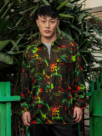 House Of Koala Black Abstract Printed Drop-Shoulder Relaxed Fit Shirt Zipper Shirt