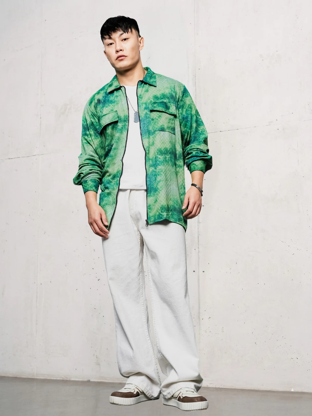 House Of Koala Grey & Green Abstract Printed Drop-Shoulder Relaxed Fit Shirt Zipper Shirt