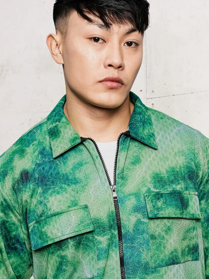 House Of Koala Grey & Green Abstract Printed Drop-Shoulder Relaxed Fit Shirt Zipper Shirt