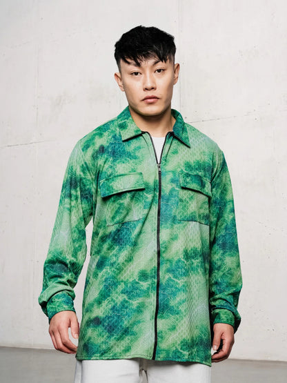 House Of Koala Grey & Green Abstract Printed Drop-Shoulder Relaxed Fit Shirt Zipper Shirt
