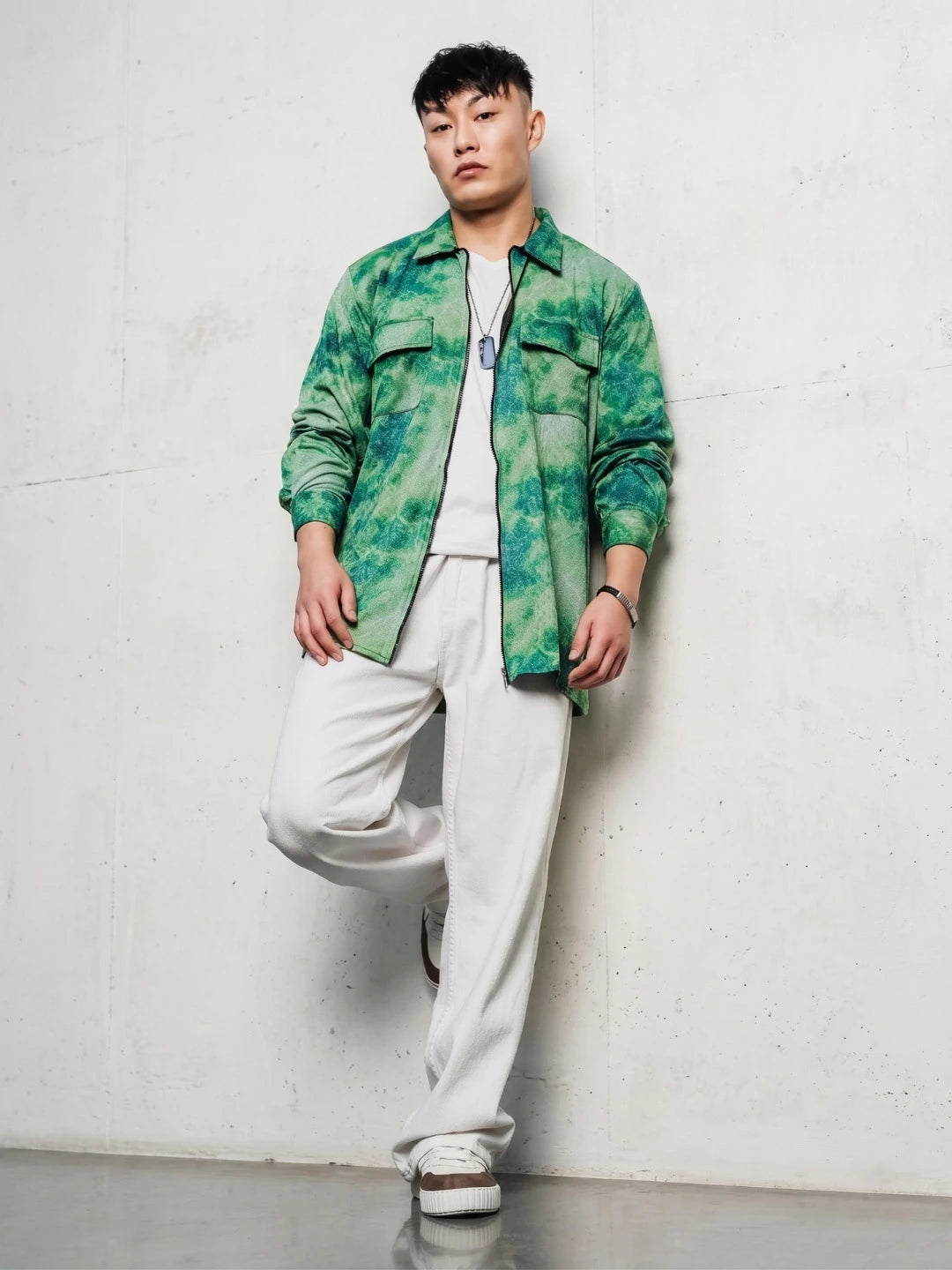 House Of Koala Grey & Green Abstract Printed Drop-Shoulder Relaxed Fit Shirt Zipper Shirt