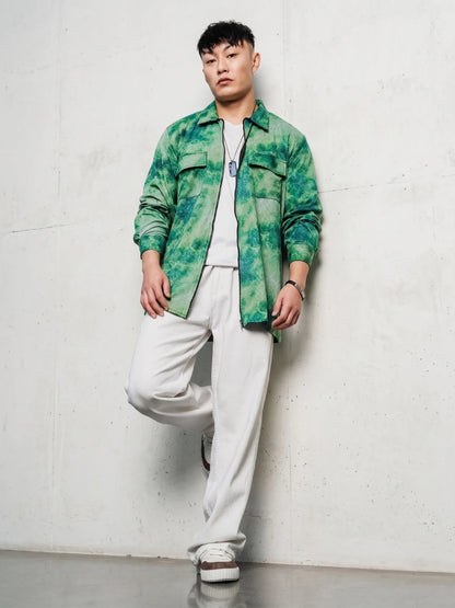 House Of Koala Grey & Green Abstract Printed Drop-Shoulder Relaxed Fit Shirt Zipper Shirt