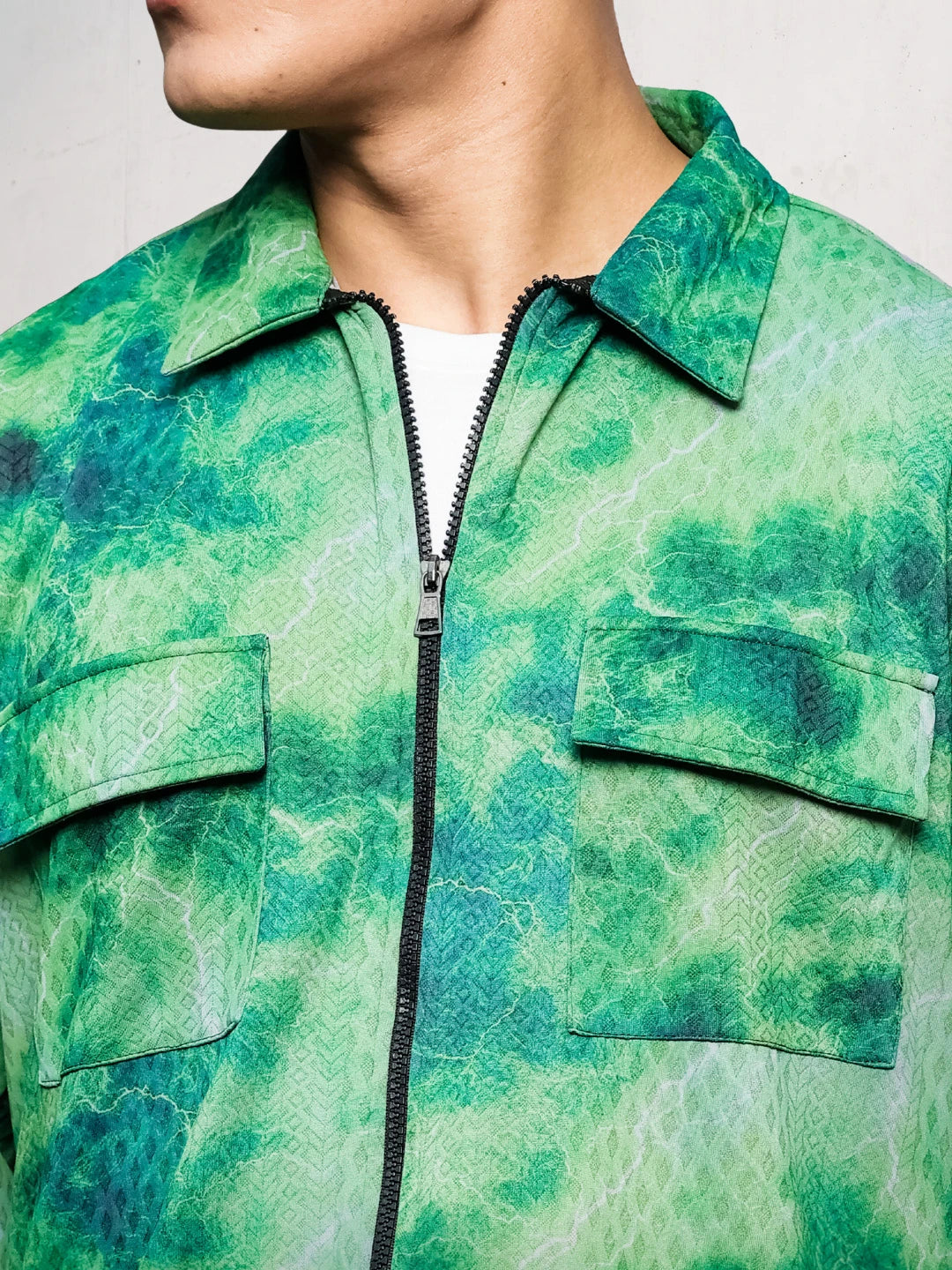 House Of Koala Grey & Green Abstract Printed Drop-Shoulder Relaxed Fit Shirt Zipper Shirt