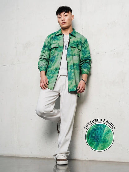 House Of Koala Grey & Green Abstract Printed Drop-Shoulder Relaxed Fit Shirt Zipper Shirt