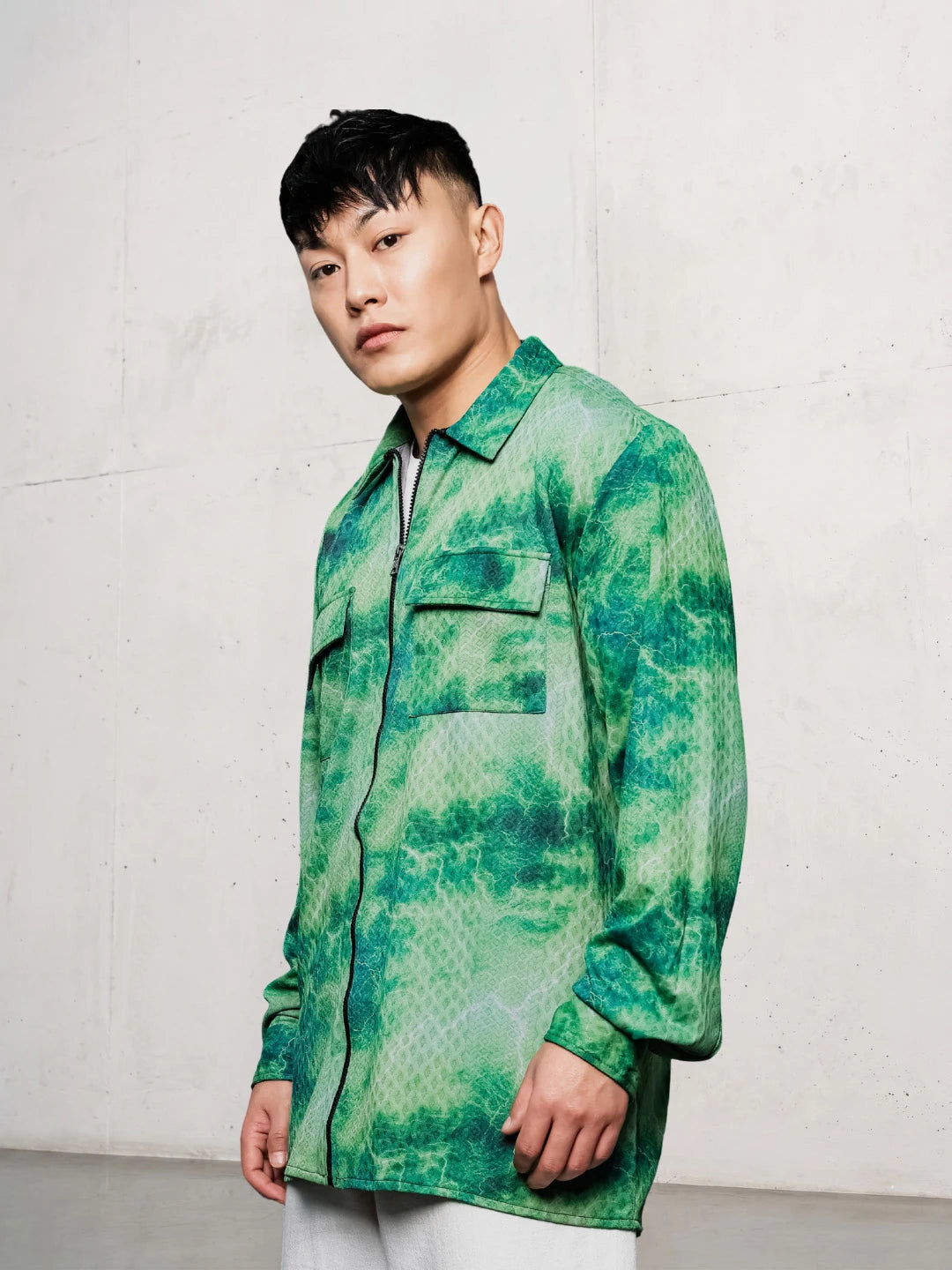 House Of Koala Grey & Green Abstract Printed Drop-Shoulder Relaxed Fit Shirt Zipper Shirt