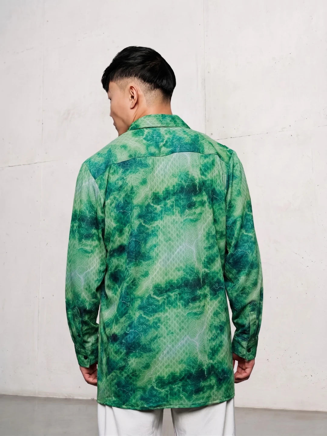 House Of Koala Grey & Green Abstract Printed Drop-Shoulder Relaxed Fit Shirt Zipper Shirt