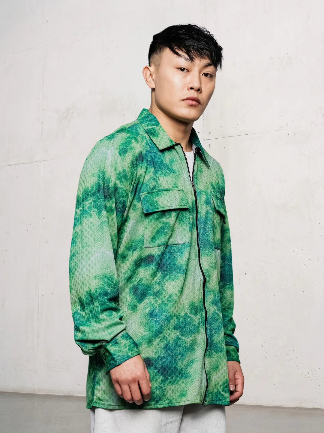 House Of Koala Grey & Green Abstract Printed Drop-Shoulder Relaxed Fit Shirt Zipper Shirt
