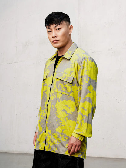 House Of Koala Neon Grey Splatter Abstract Print Textured Drop-Shoulder Relaxed Fit Shirt Zipper Shirt