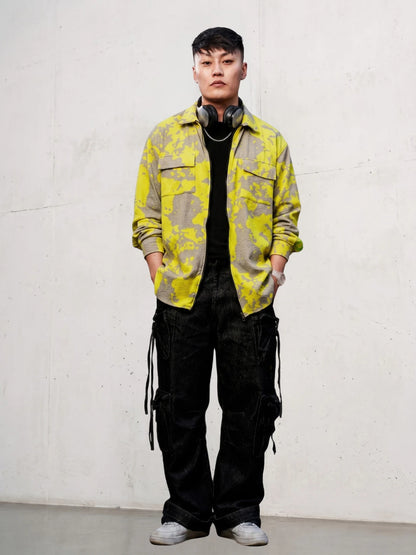 House Of Koala Neon Grey Splatter Abstract Print Textured Drop-Shoulder Relaxed Fit Shirt Zipper Shirt
