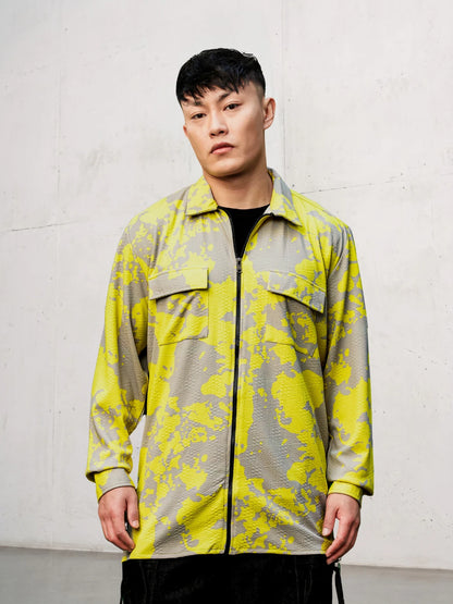 House Of Koala Neon Grey Splatter Abstract Print Textured Drop-Shoulder Relaxed Fit Shirt Zipper Shirt
