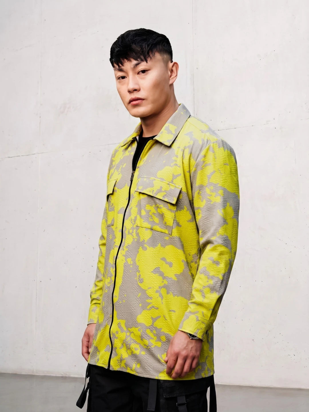 House Of Koala Neon Grey Splatter Abstract Print Textured Drop-Shoulder Relaxed Fit Shirt Zipper Shirt
