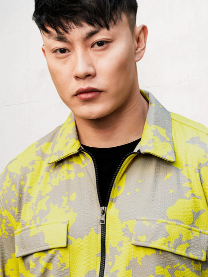 House Of Koala Neon Grey Splatter Abstract Print Textured Drop-Shoulder Relaxed Fit Shirt Zipper Shirt