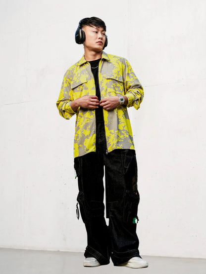 House Of Koala Neon Grey Splatter Abstract Print Textured Drop-Shoulder Relaxed Fit Shirt Zipper Shirt