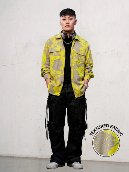 House Of Koala Neon Grey Splatter Abstract Print Textured Drop-Shoulder Relaxed Fit Shirt Zipper Shirt