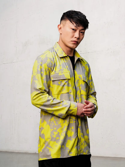 House Of Koala Neon Grey Splatter Abstract Print Textured Drop-Shoulder Relaxed Fit Shirt Zipper Shirt