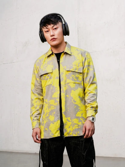 House Of Koala Neon Grey Splatter Abstract Print Textured Drop-Shoulder Relaxed Fit Shirt Zipper Shirt