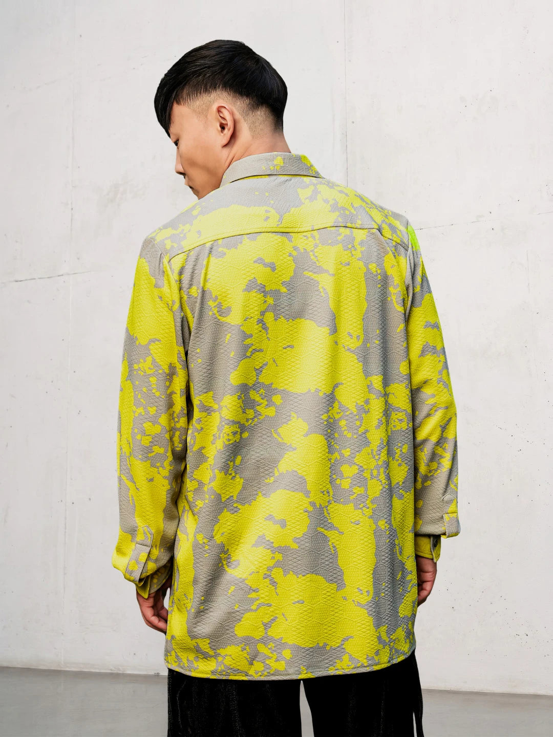 House Of Koala Neon Grey Splatter Abstract Print Textured Drop-Shoulder Relaxed Fit Shirt Zipper Shirt
