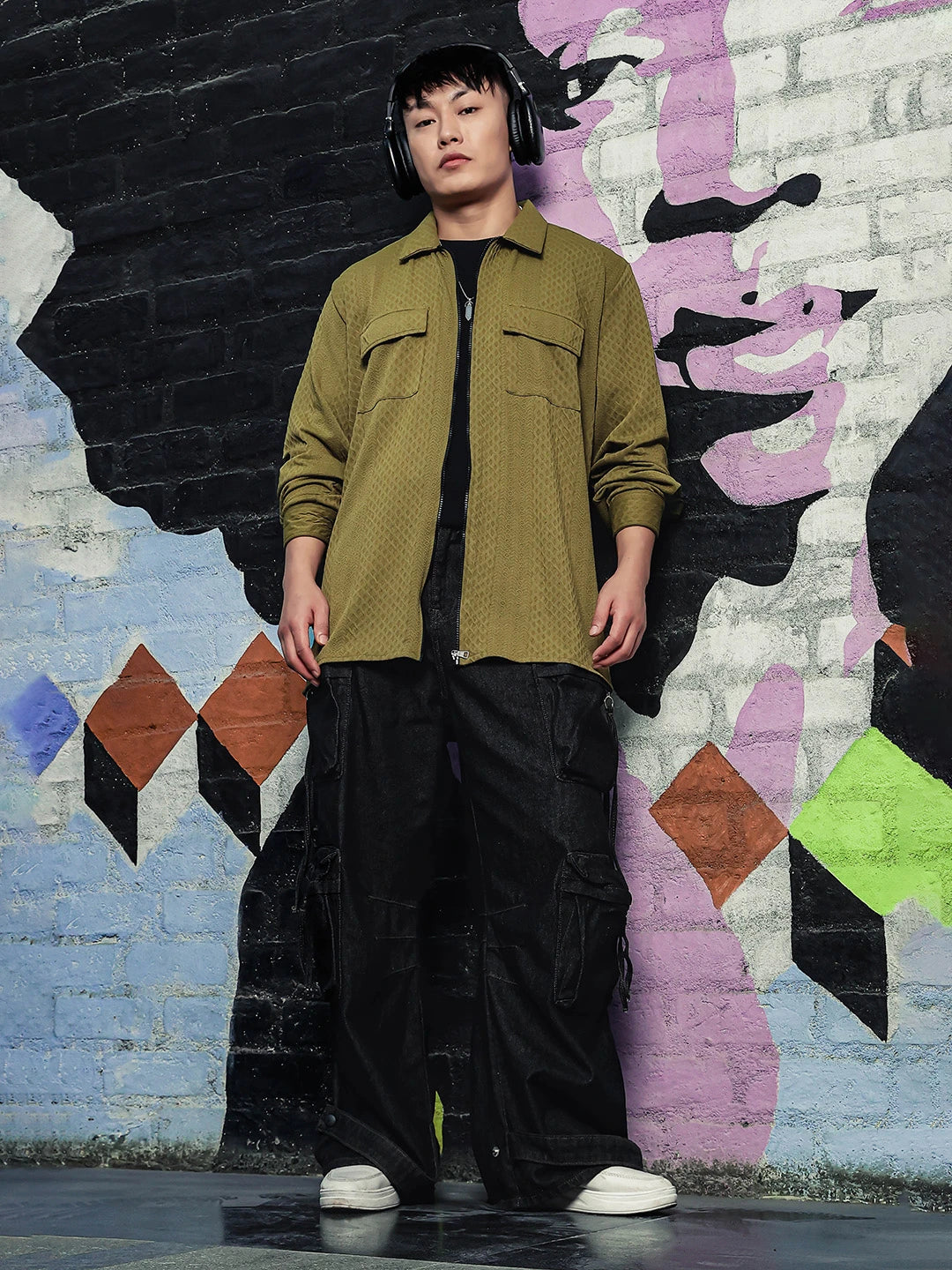 House Of Koala Olive Textured Drop-Shoulder Relaxed Fit Shirt Zipper Shacket