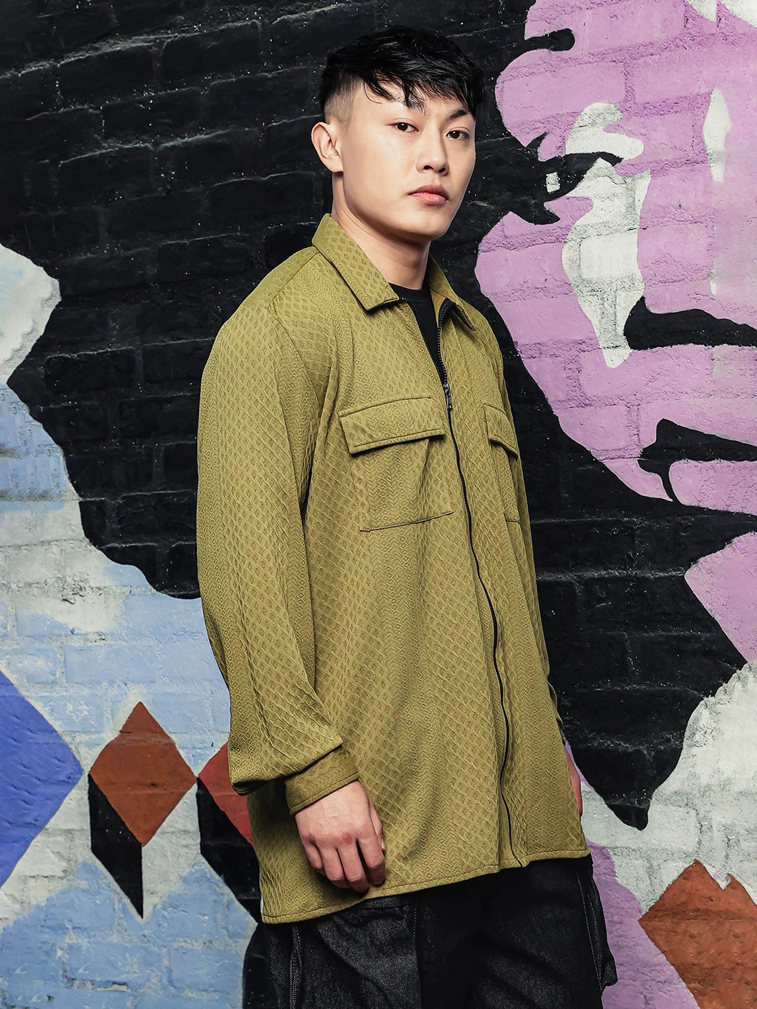 House Of Koala Olive Textured Drop-Shoulder Relaxed Fit Shirt Zipper Shacket