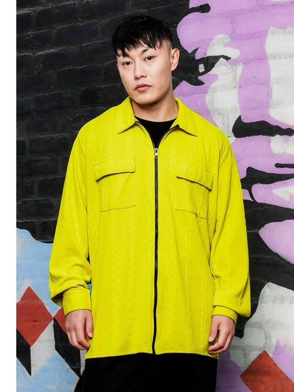 House Of Koala Neon Green Textured Drop-Shoulder Relaxed Fit Shirt Zipper Shirt