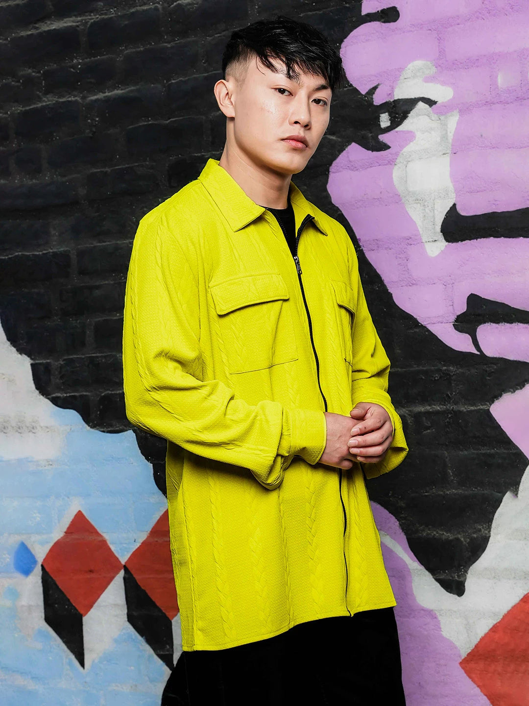 House Of Koala Neon Green Textured Drop-Shoulder Relaxed Fit Shirt Zipper Shirt