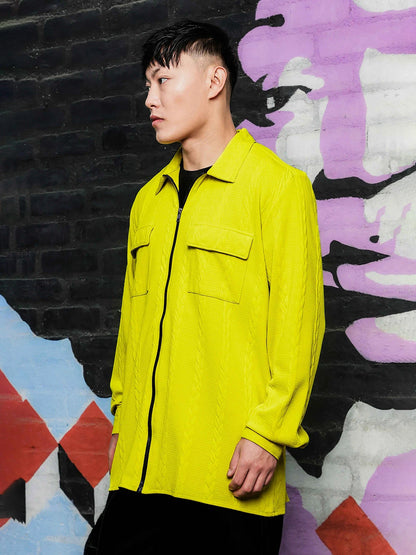 House Of Koala Neon Green Textured Drop-Shoulder Relaxed Fit Shirt Zipper Shirt