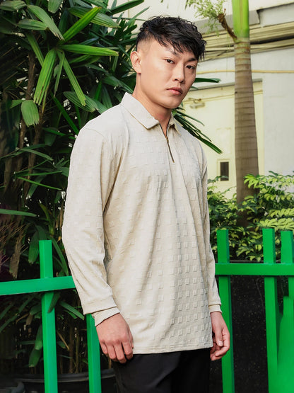House Of Koala Off-White Solid Textured Cable Knit Drop-Shoulder Relaxed Fit Polo Neck Full Sleeve T-Shirt