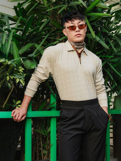 House Of Koala Off-White Solid Textured Cable Knit Drop-Shoulder Relaxed Fit Polo Neck Full Sleeve T-Shirt