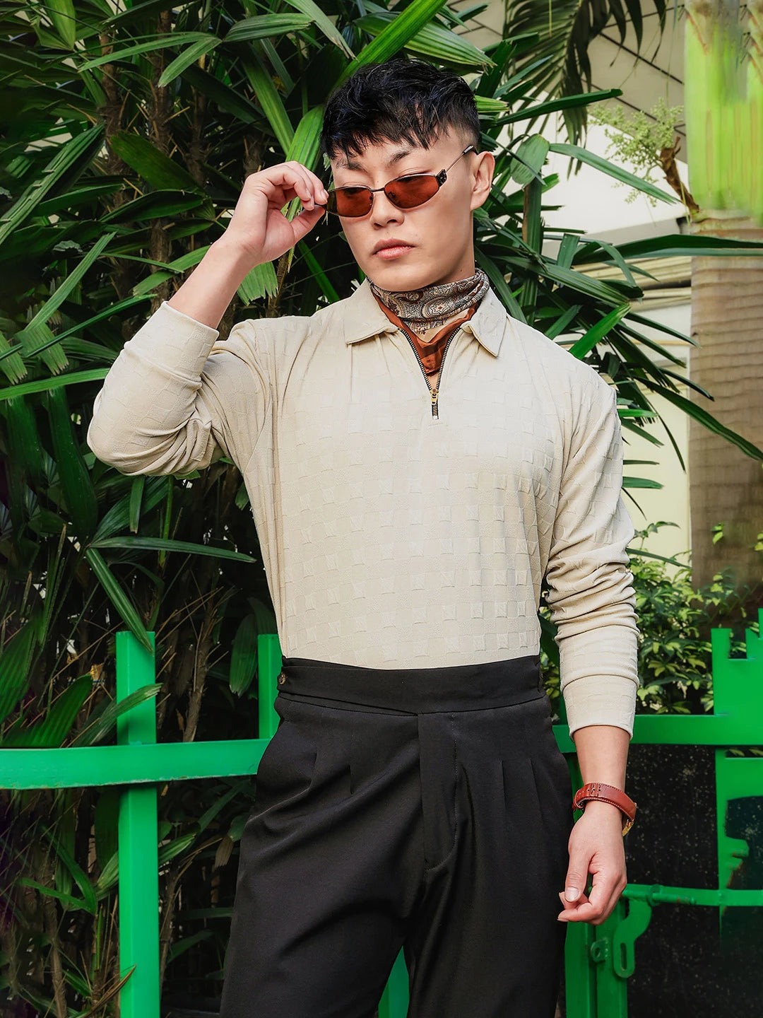 House Of Koala Off-White Solid Textured Cable Knit Drop-Shoulder Relaxed Fit Polo Neck Full Sleeve T-Shirt