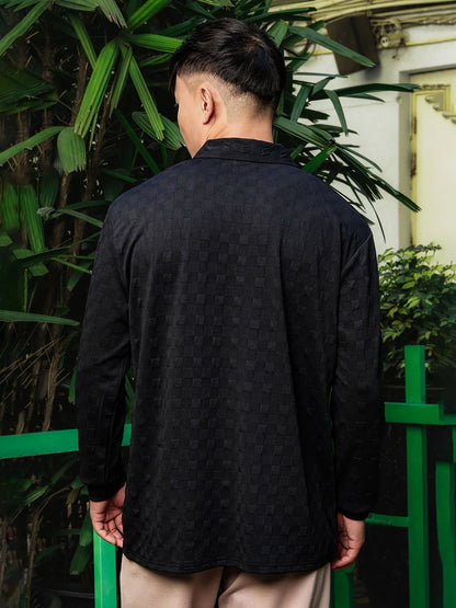House Of Koala Black Solid Textured Cable Knit Drop-Shoulder Relaxed Fit Polo Neck Full Sleeve T-Shirt