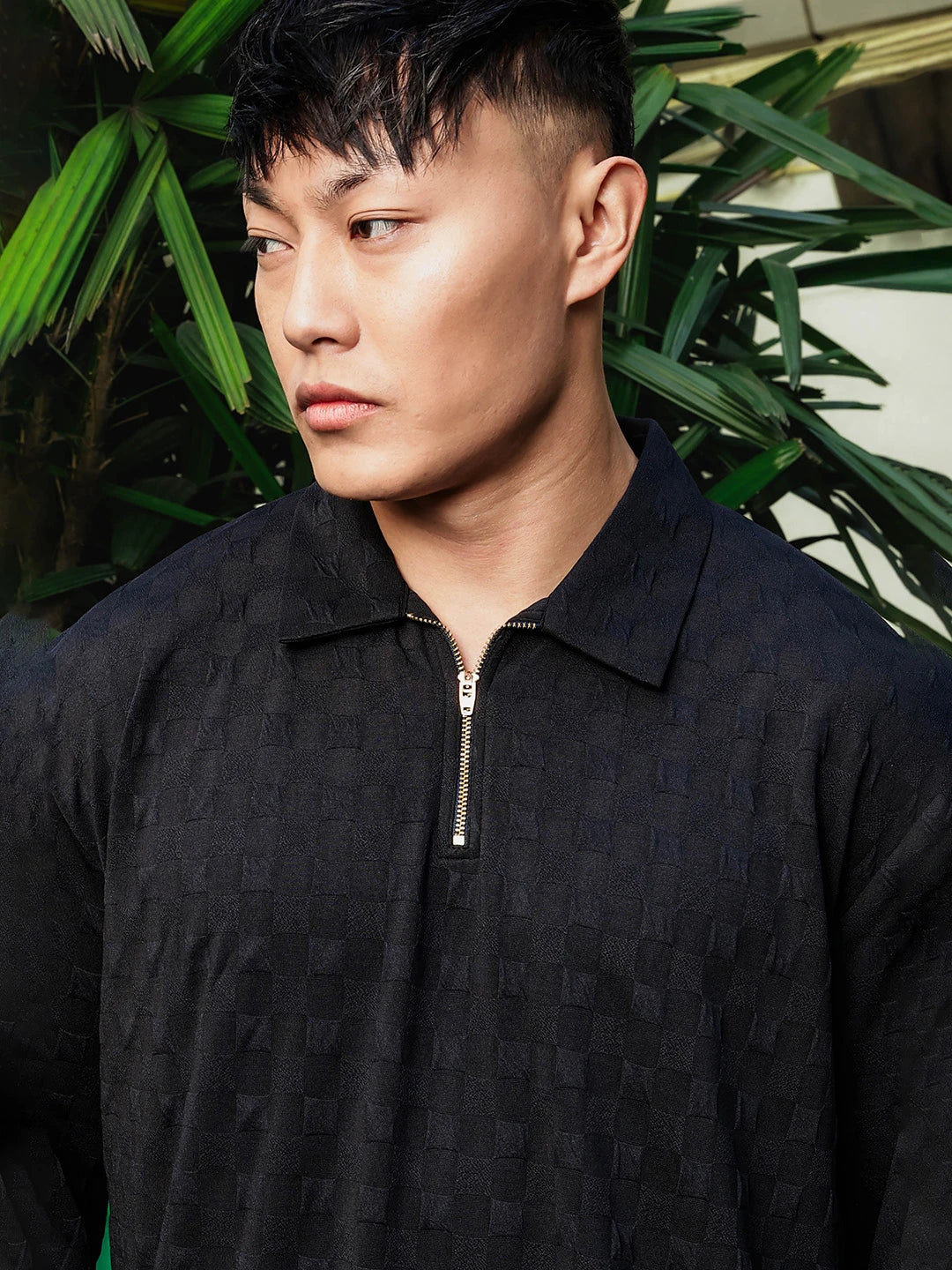 House Of Koala Black Solid Textured Cable Knit Drop-Shoulder Relaxed Fit Polo Neck Full Sleeve T-Shirt