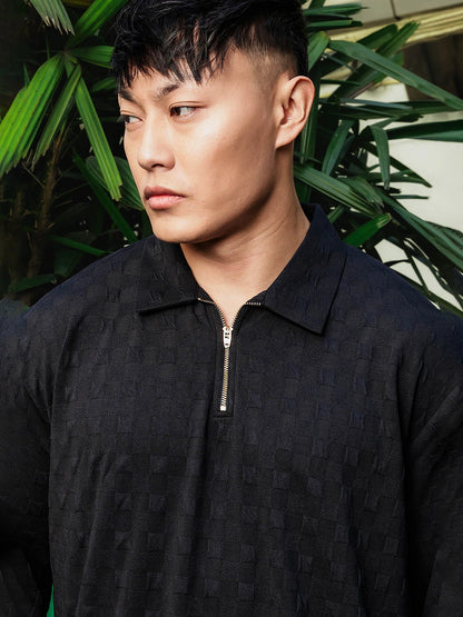 House Of Koala Black Solid Textured Cable Knit Drop-Shoulder Relaxed Fit Polo Neck Full Sleeve T-Shirt