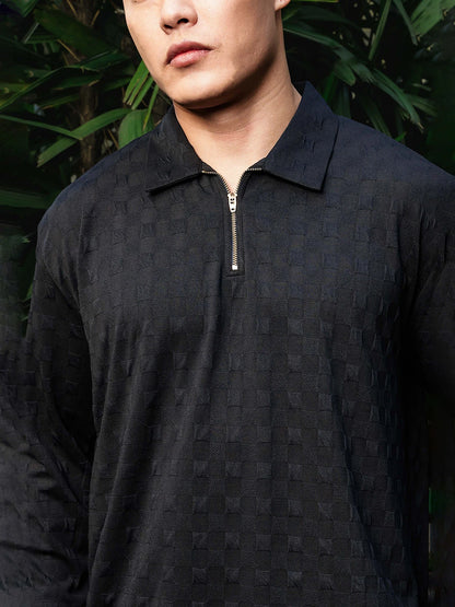 House Of Koala Black Solid Textured Cable Knit Drop-Shoulder Relaxed Fit Polo Neck Full Sleeve T-Shirt
