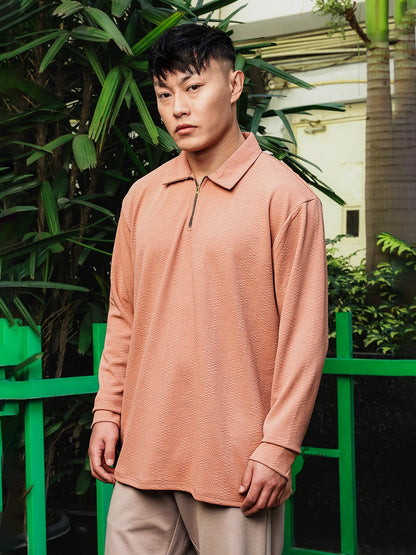 House Of Koala Brown Solid Textured Cable Knit Drop-Shoulder Relaxed Fit Polo Neck Full Sleeve T-Shirt