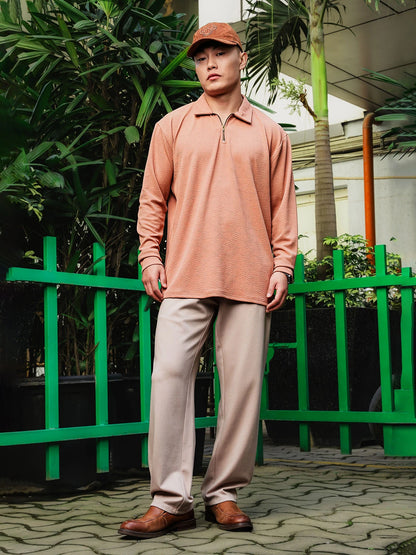 House Of Koala Brown Solid Textured Cable Knit Drop-Shoulder Relaxed Fit Polo Neck Full Sleeve T-Shirt