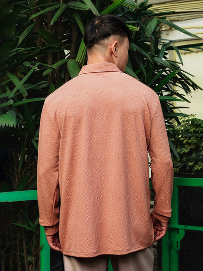 House Of Koala Brown Solid Textured Cable Knit Drop-Shoulder Relaxed Fit Polo Neck Full Sleeve T-Shirt
