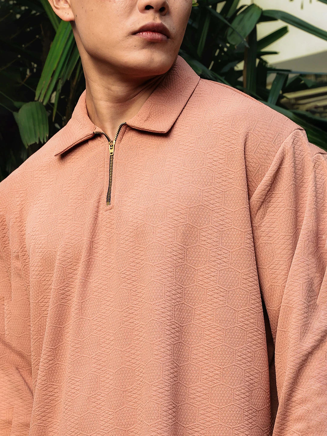 House Of Koala Brown Solid Textured Cable Knit Drop-Shoulder Relaxed Fit Polo Neck Full Sleeve T-Shirt