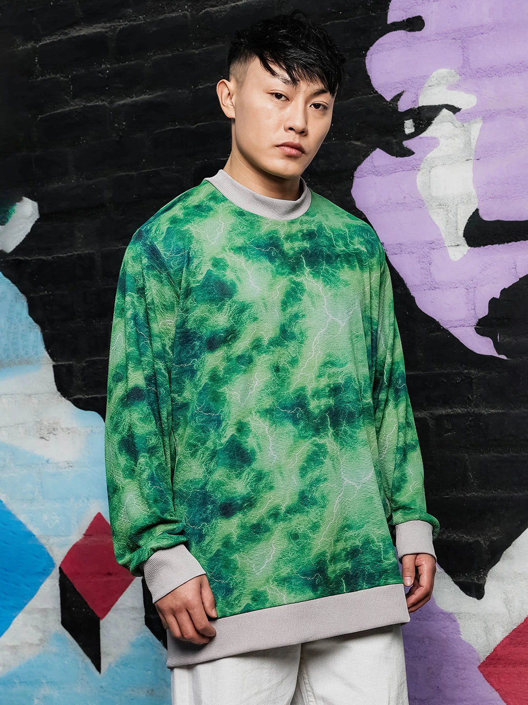 House Of Koala Grey & Green Abstract Printed Drop-Shoulder Relaxed Fit Pullover T-tshirt