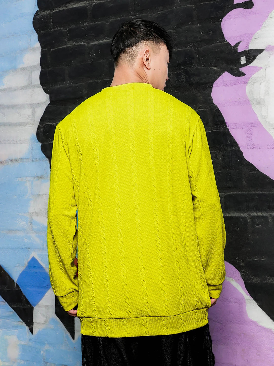 House Of Koala Neon Green Solid Textured Cable Knit Drop-Shoulder Relaxed Fit Pullover T-tshirt
