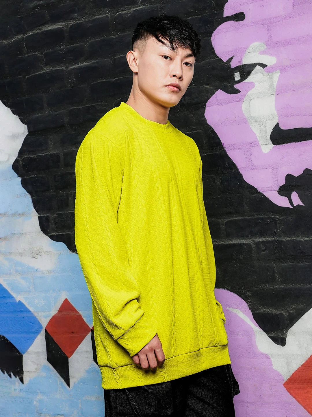 House Of Koala Neon Green Solid Textured Cable Knit Drop-Shoulder Relaxed Fit Pullover T-tshirt