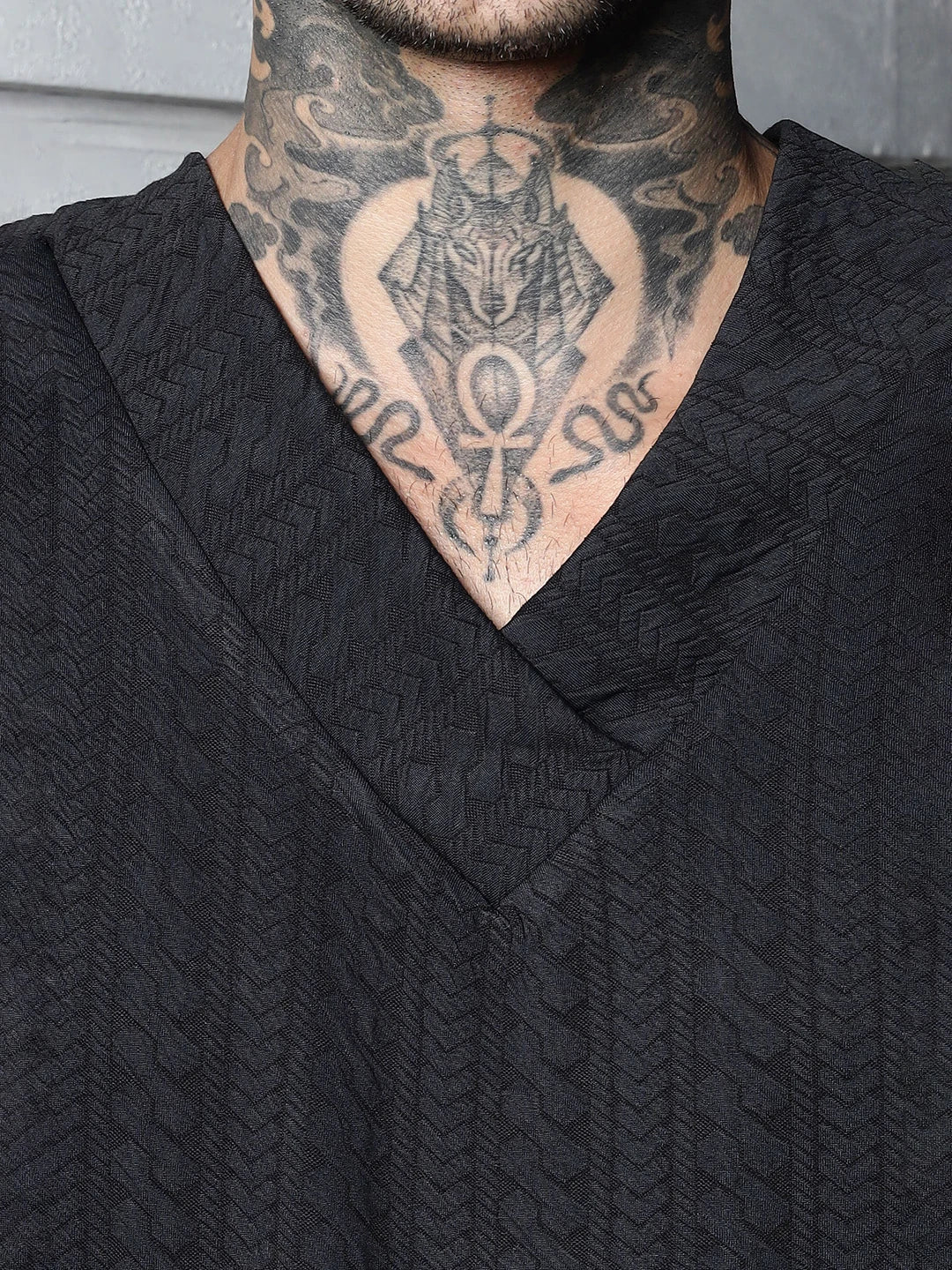 House Of Koala Black Textured V-Neck Oversized T-Shirt