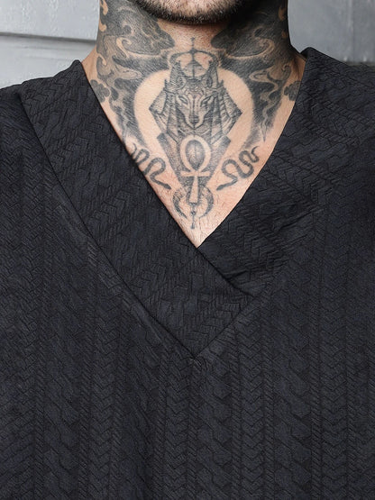 House Of Koala Black Textured V-Neck Oversized T-Shirt