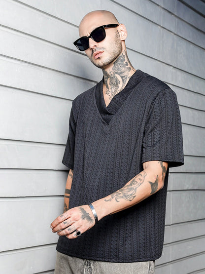 House Of Koala Black Textured V-Neck Oversized T-Shirt