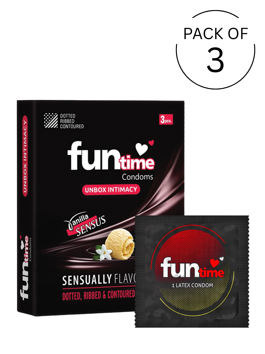 Funtime Dotted Ribbed and Contoured Condoms Vanilla Sensus Flavoured Condoms
